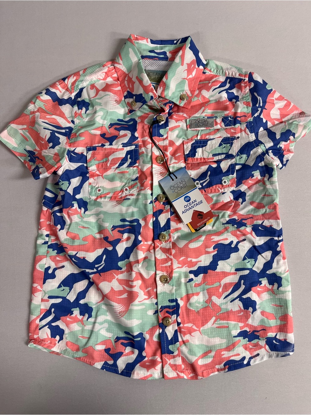 Brand New-Ocean+Coast Boy’s Bungee Aqua Camo Button Down Shirt